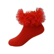 Povozer Ruffle Socks for Toddler Baby Girls Double Frilly Lace Dress Socks Kids Ankle Tutu Socks(Red,6-12 Months)